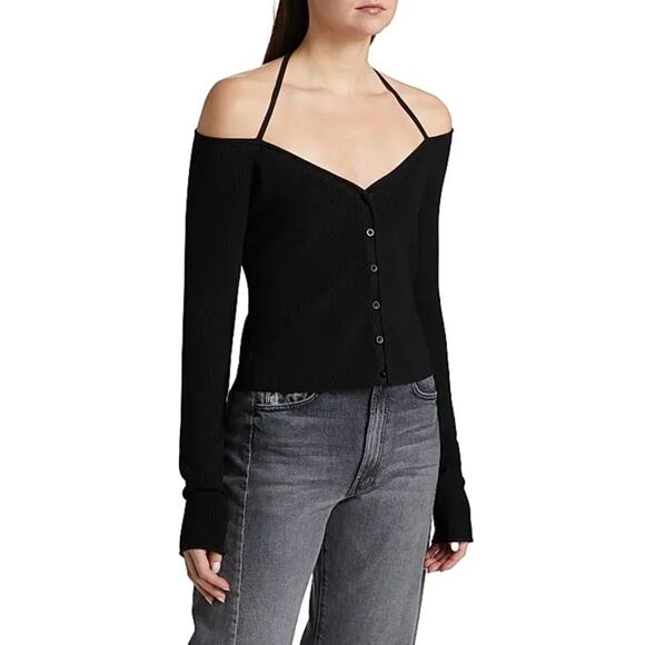 Good American Women Black Stretch Knit Off-the-Shoulder Slim Halter Top Size M - Picture 2 of 5